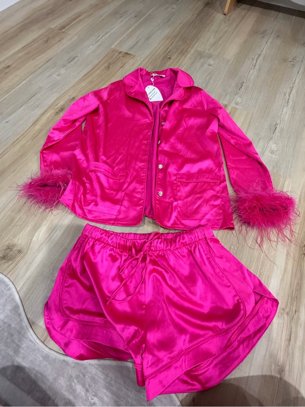 Buddy Love Vibrant Hot Pink Satin Feather-Trim Pajama Set